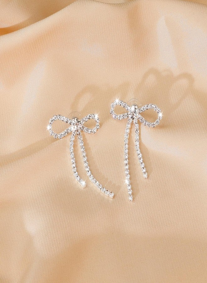 DAYANEY New Year Bow Earrings Silver Rhinestone Earrings Dangling,Sparkly Silver Drop Earring Rhinestone Bow Earring as New Years Jewelry, Ribbon Earings as Wedding Statement Earing Jewelry for Women - Image 2